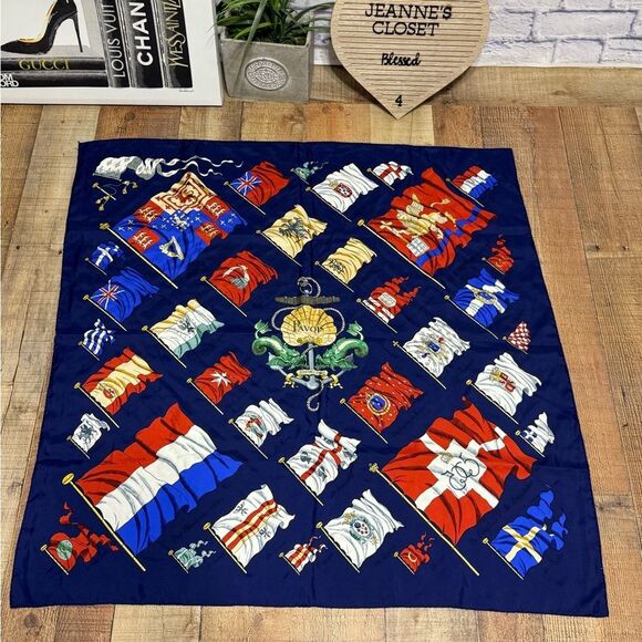 HERMES Hermes Carre 90 Scarf Muffler PAVOIS Ship Flag Pattern 100% Silk blue - Picture 11 of 16